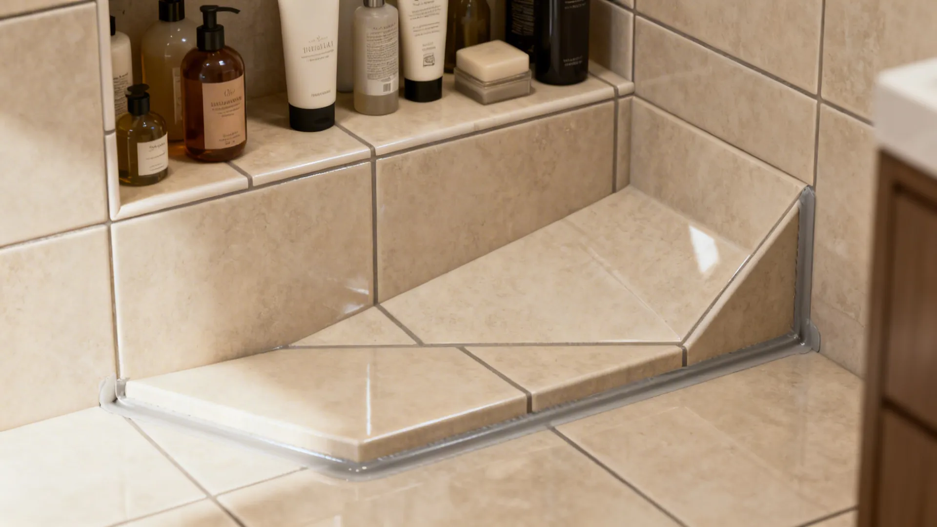 Close-up of a waterproofed recessed shower niche with sloped bottom and neatly placed bottles.