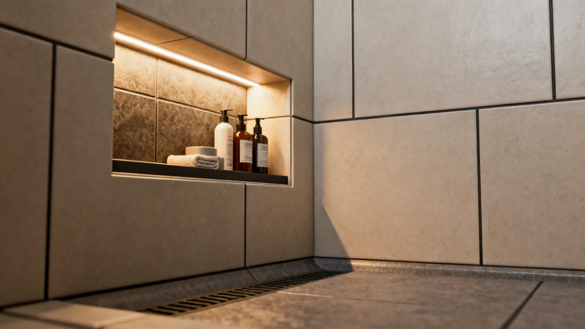 Recessed shower niche with toiletries and LED strip lighting in a small bathroom