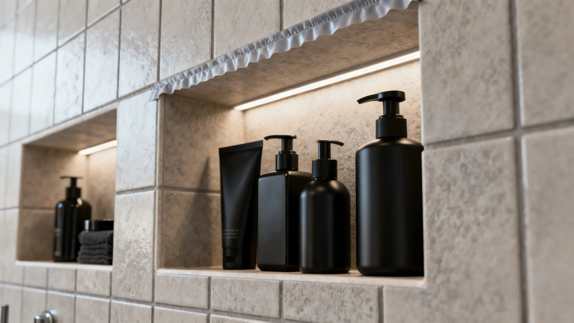 Recessed shower niches with neatly arranged toiletries and textured tiles.