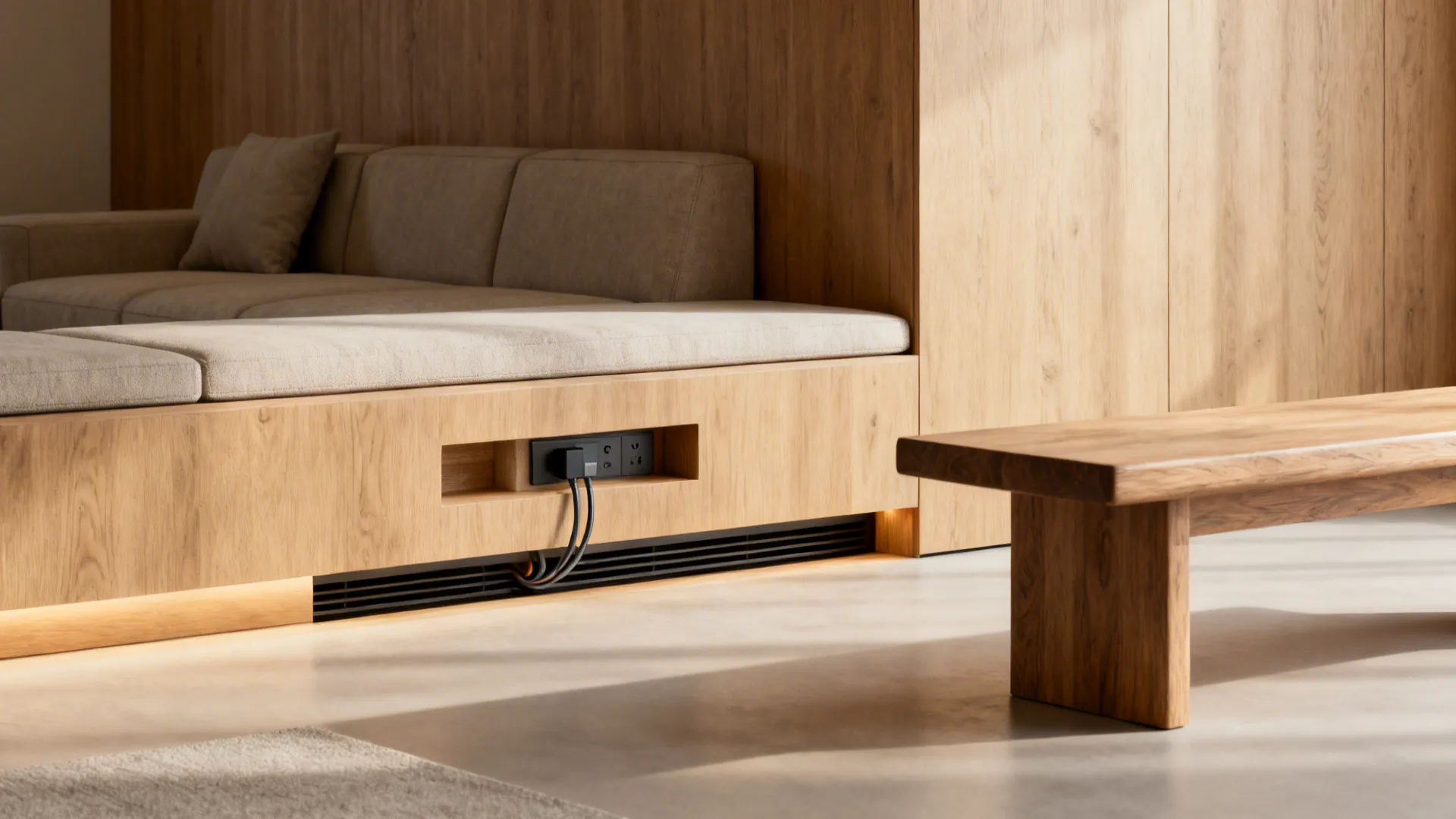 Shallow recessed niche behind a bench hiding a surge protector and cables with ventilation space.