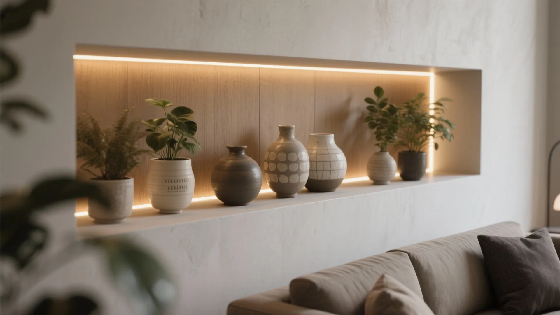 Recessed living room niche lit with hidden LED strips