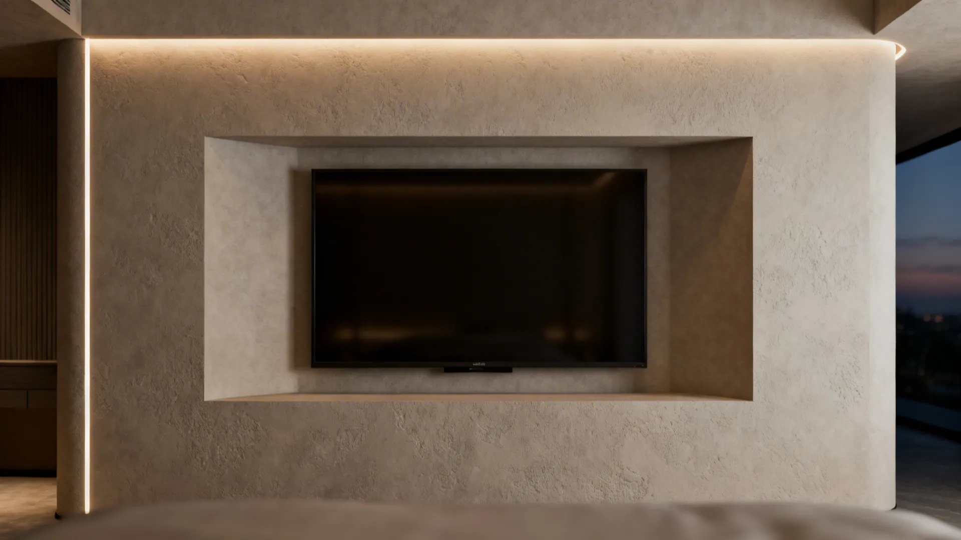 Recessed wall niche with a wall-mounted TV and soft LED backlighting