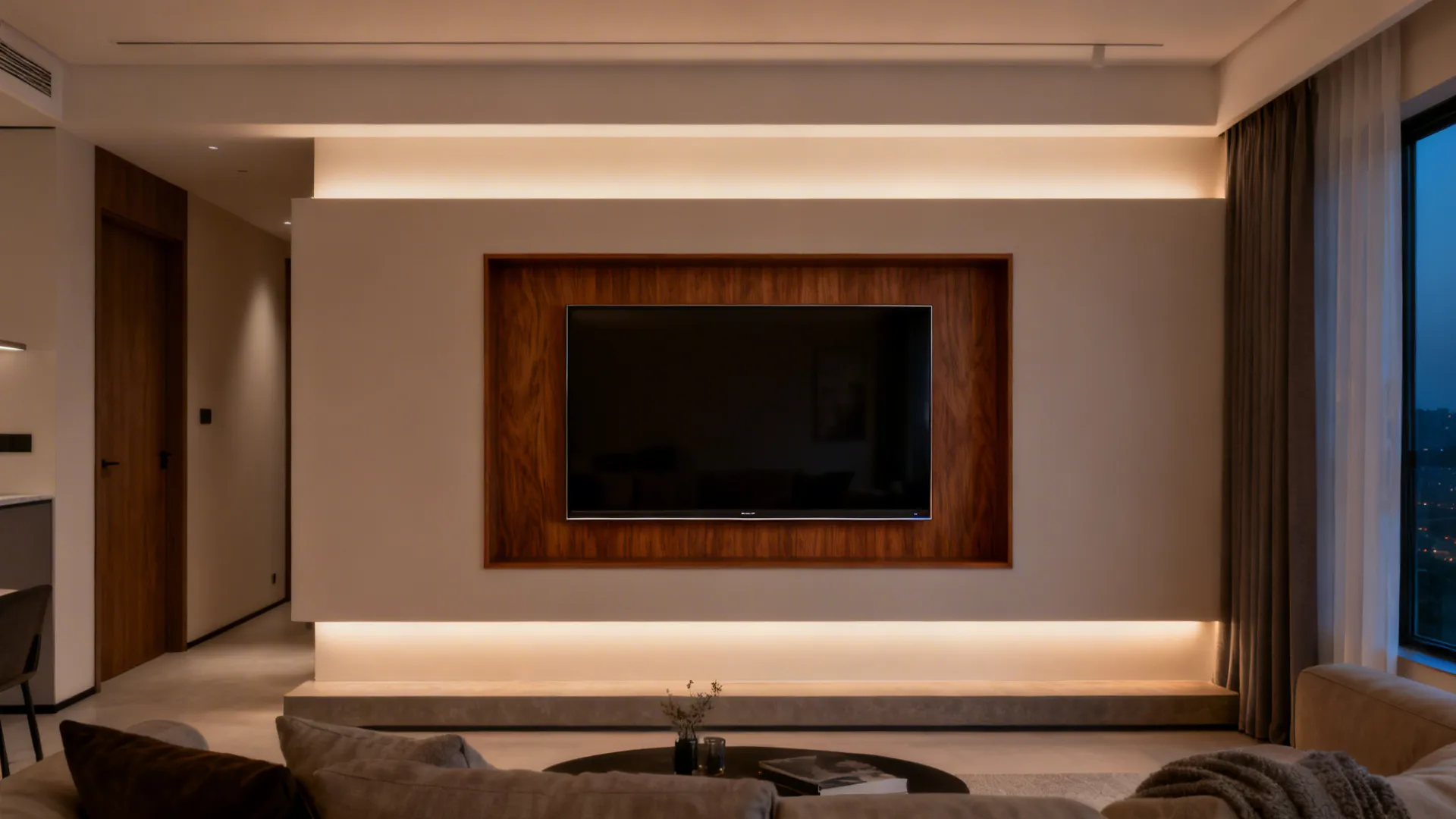 Recessed TV niche with warm wood veneer and soft LED backlighting in a compact living room.