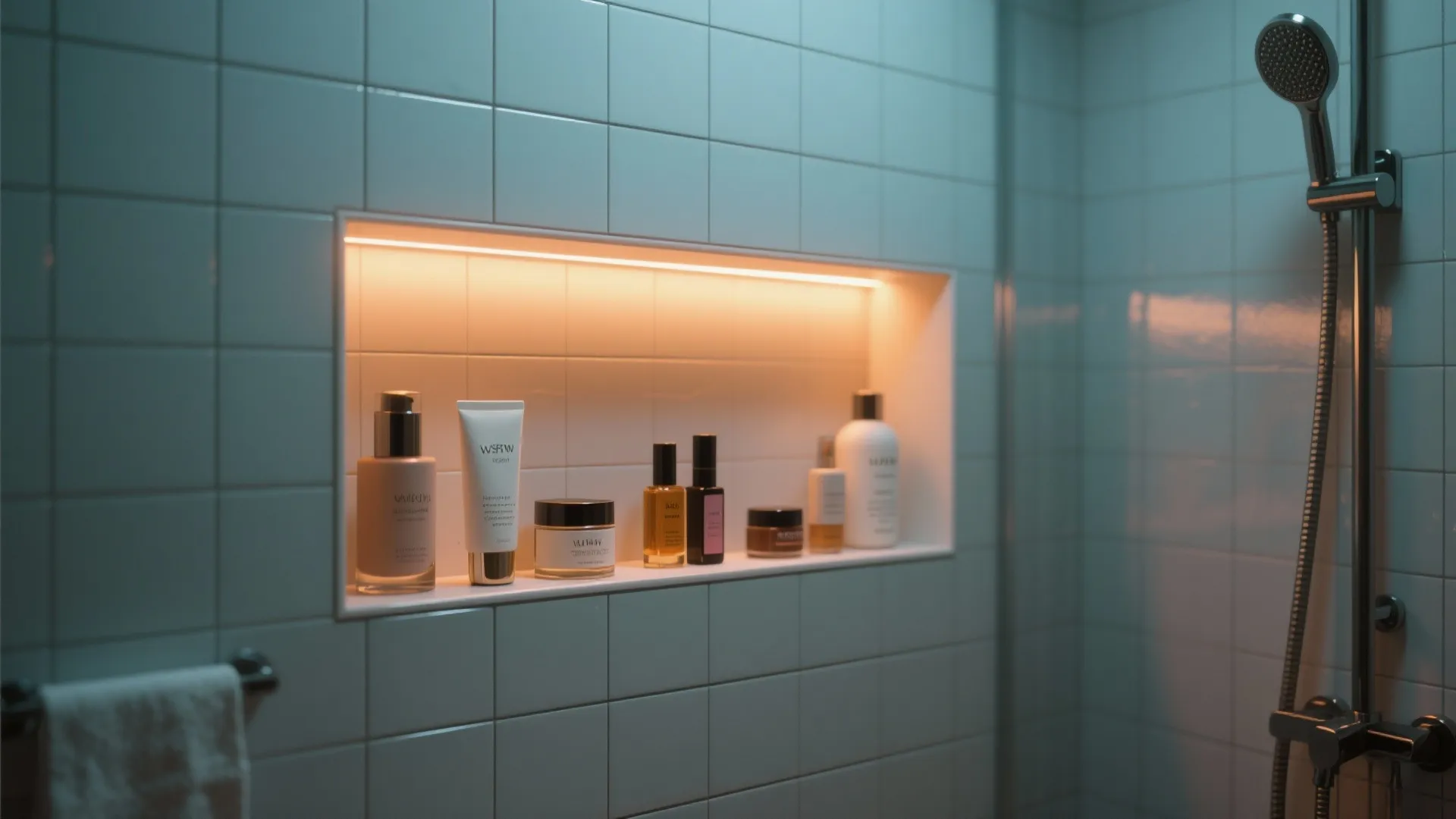 Shower niche with built-in LED lighting and toiletries