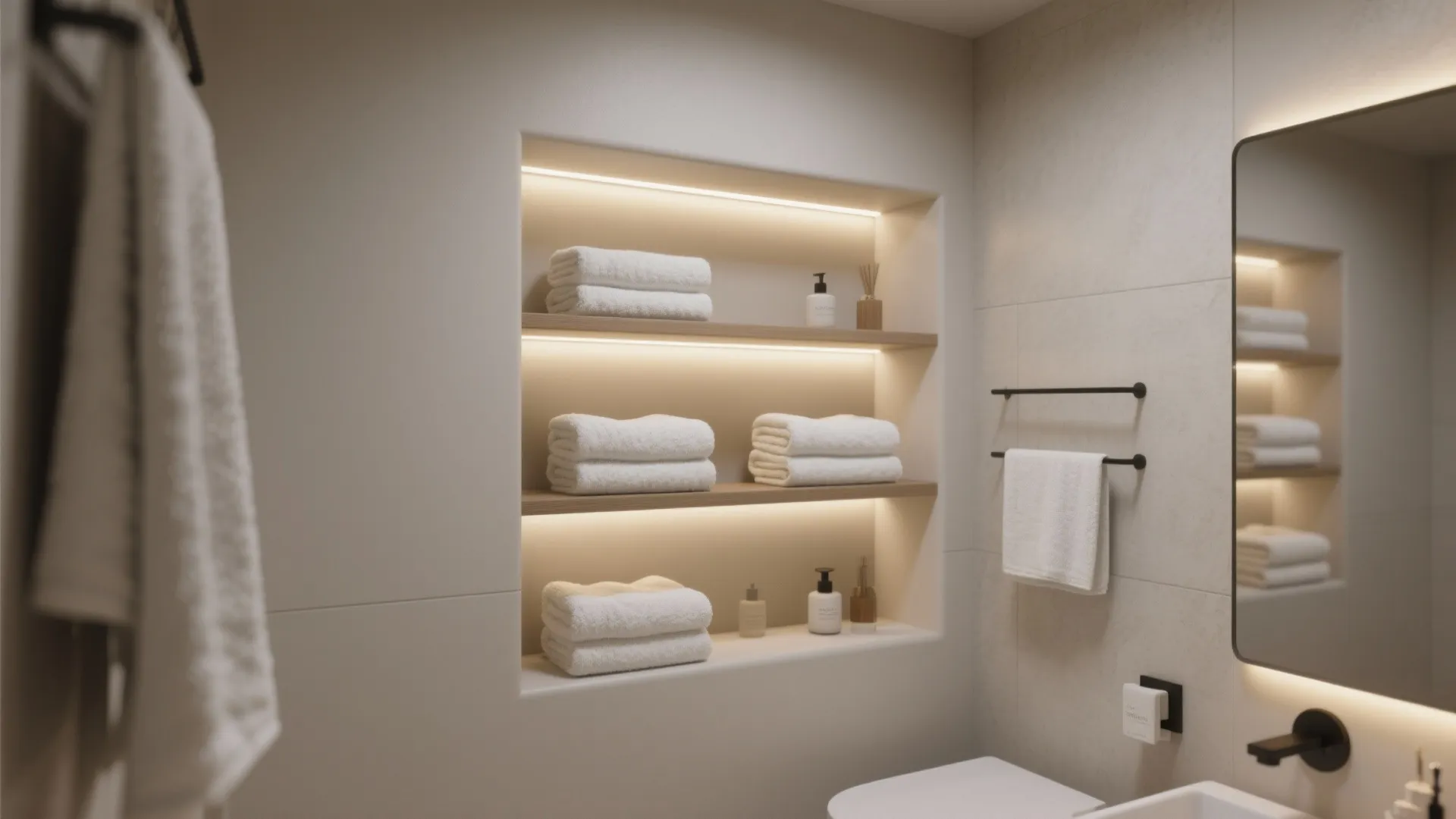 Modern bathroom with wall shelves holding white towels and light fixtures under a large mirror