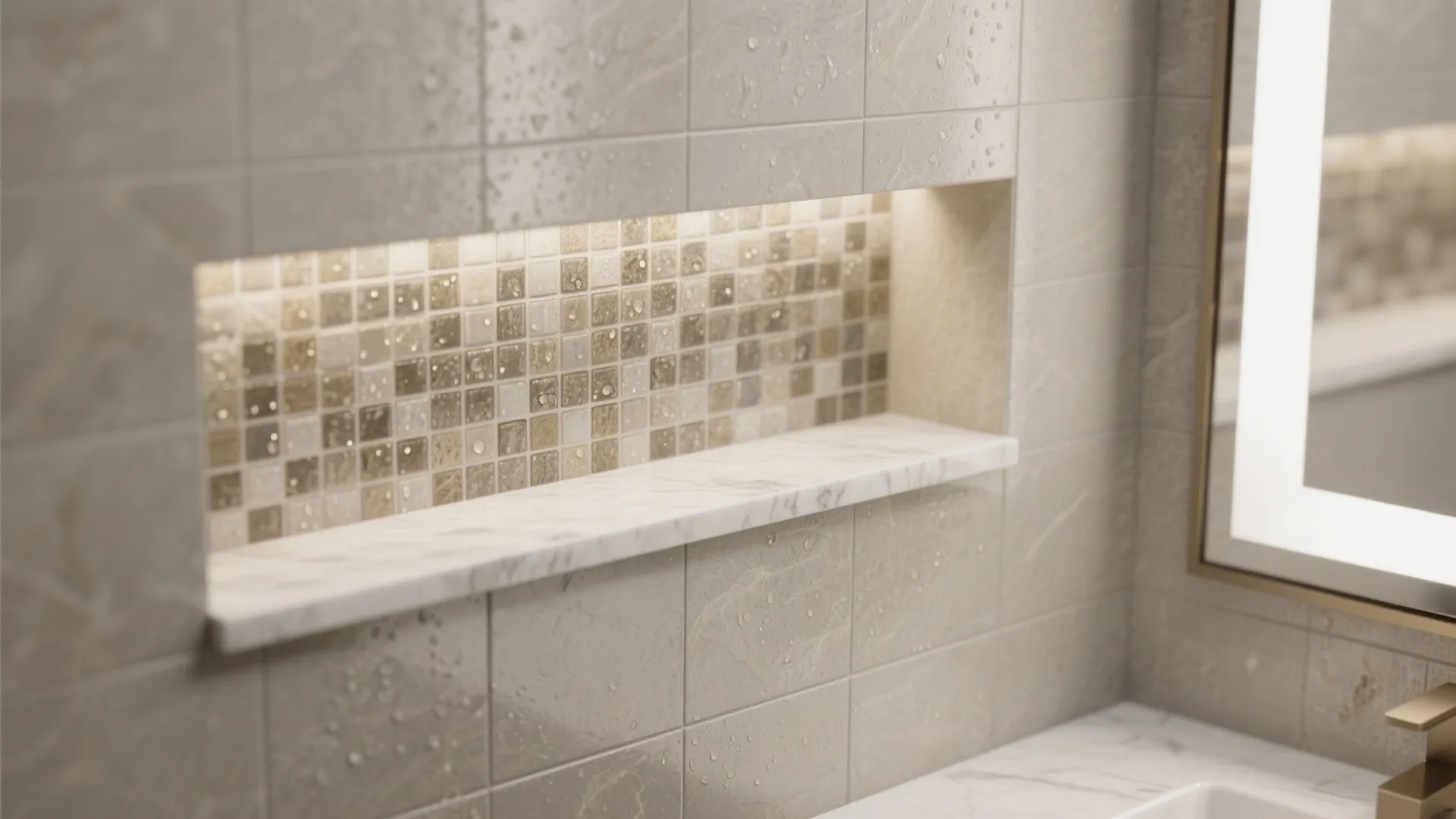 Modern wall shelf with marble ledge and small mosaic tiles featuring warm built-in light fixture