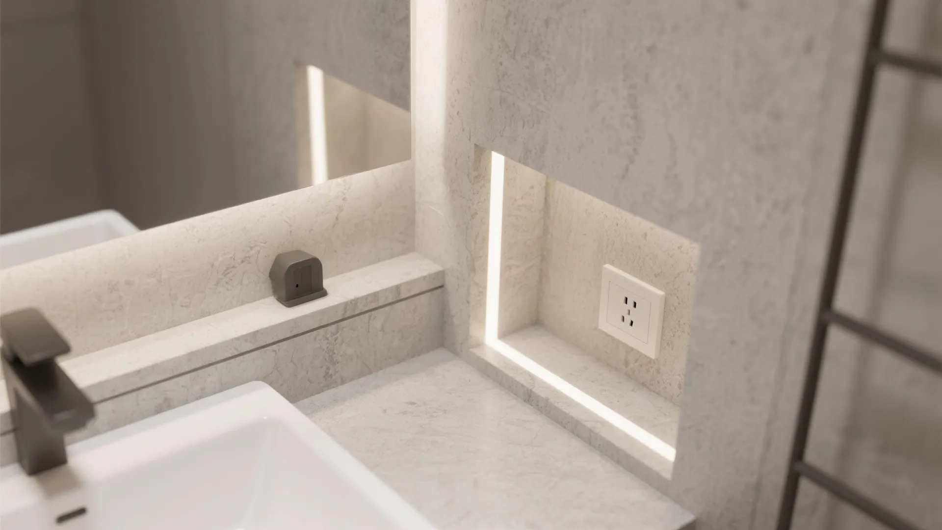 Wall shelf with hidden light strip and power outlet next to a marble bathroom sink