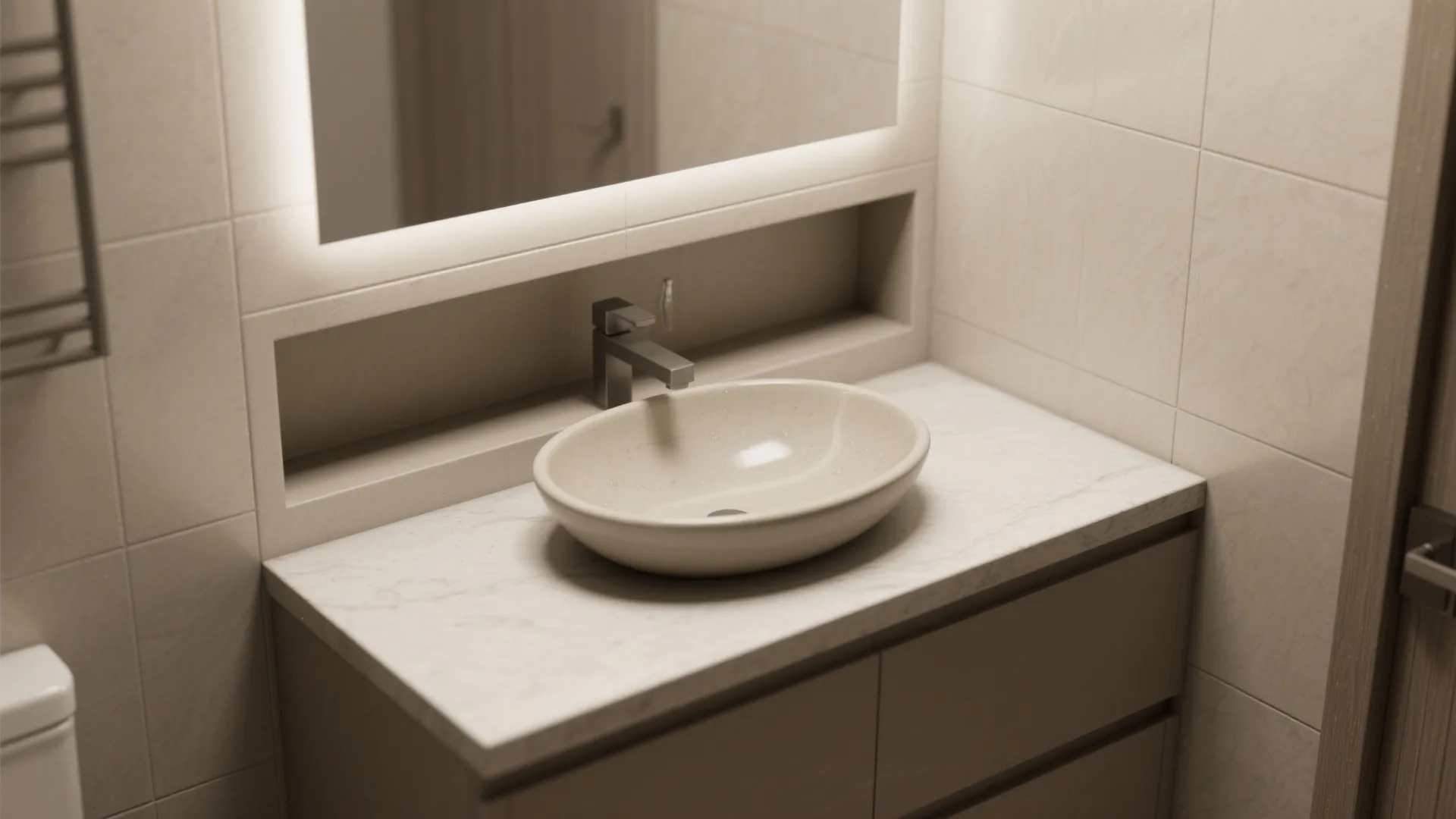 Recessed niche counter with a shallow ceramic oval vessel sink and waterproofed surround