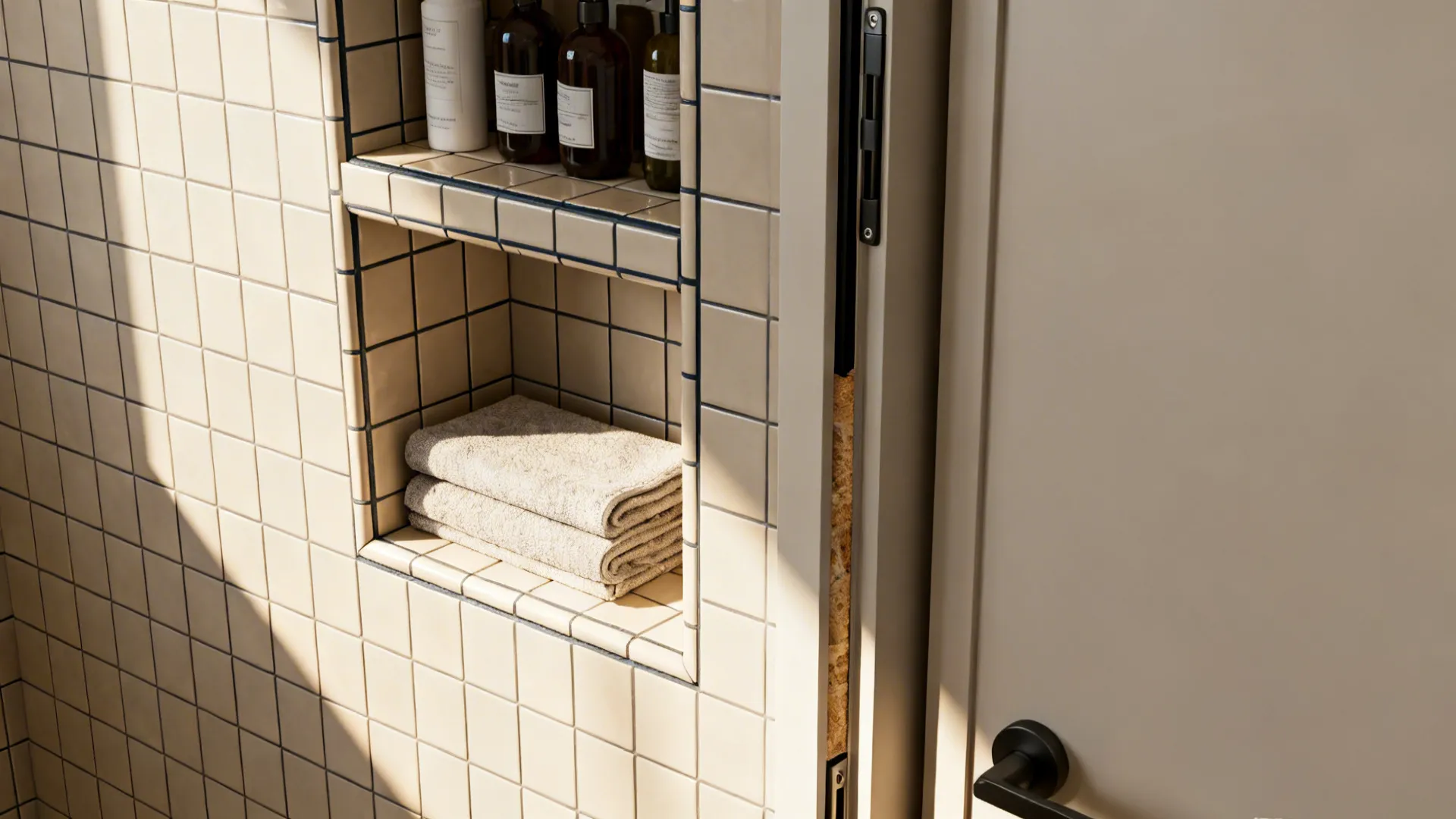 Tiled recessed shower niche with toiletries and a pocket door reclaiming floor clearance