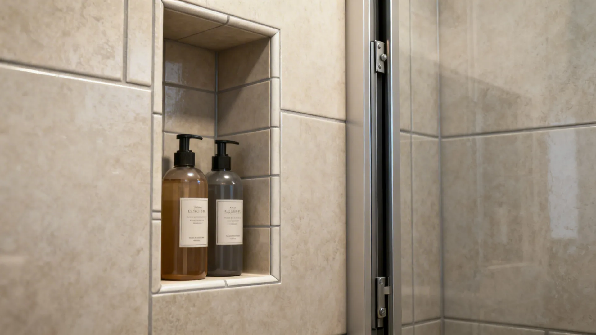 Recessed shower wall shelf with beige tiles holding two soap bottles near a glass door