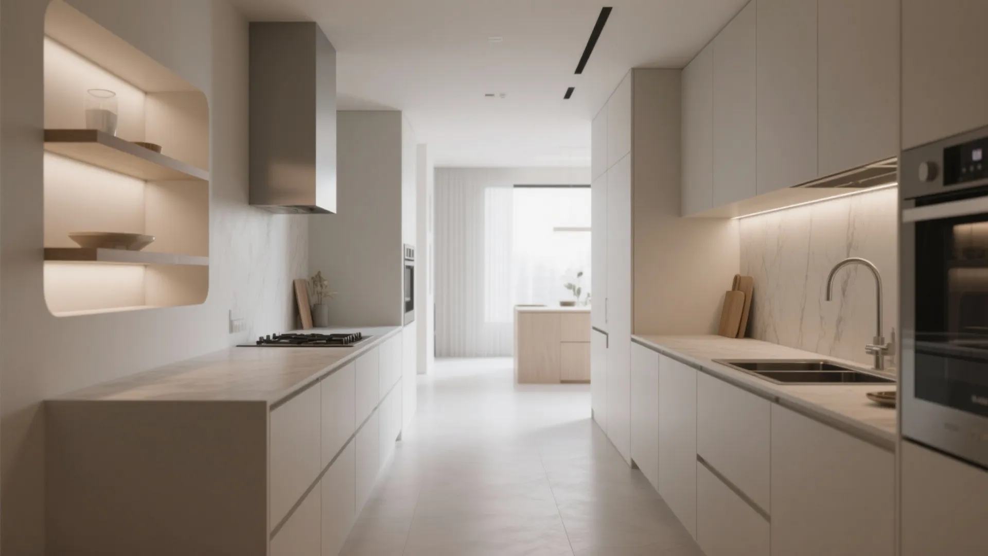 Recessed wall niches with shelves in a sleek kitchen