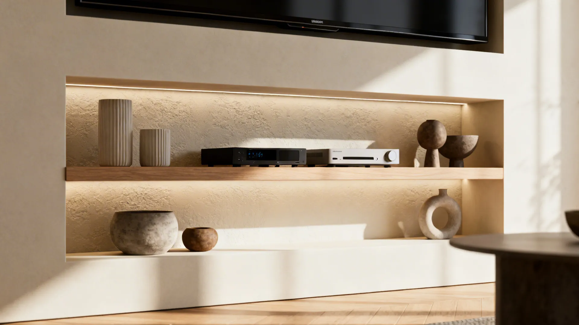 Wall shelf with built in lights holding electronic devices and decorative vases under a television