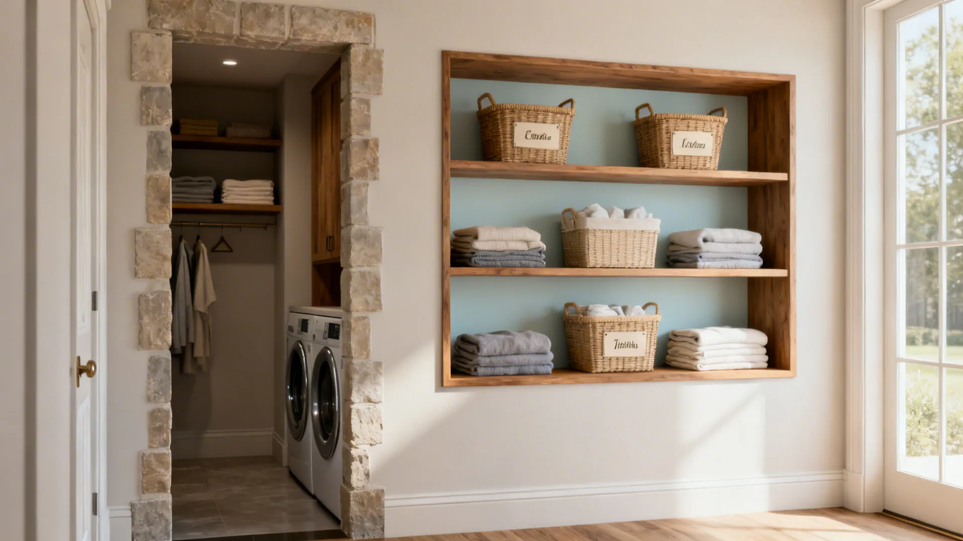 Built-in recessed niche shelves next to a laundry alcove with baskets and linens, clean flush look