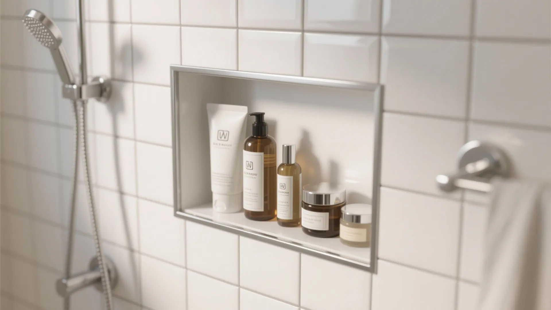 Modern white tiled shower wall with a small shelf holding various skin care product bottles