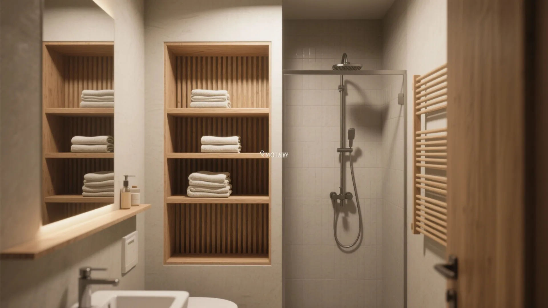 Bathroom interior with wooden wall storage shelves glass shower screen white sink and large lighted mirror