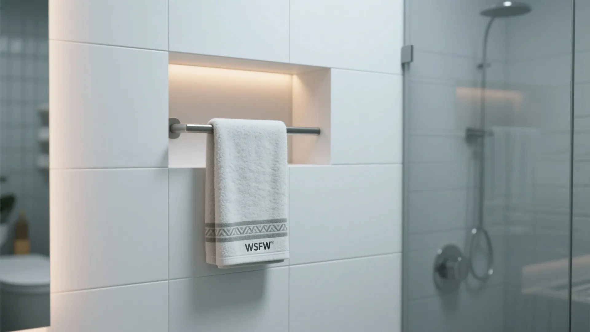 Modern white bathroom wall featuring a recessed niche with light fixture and metal towel bar