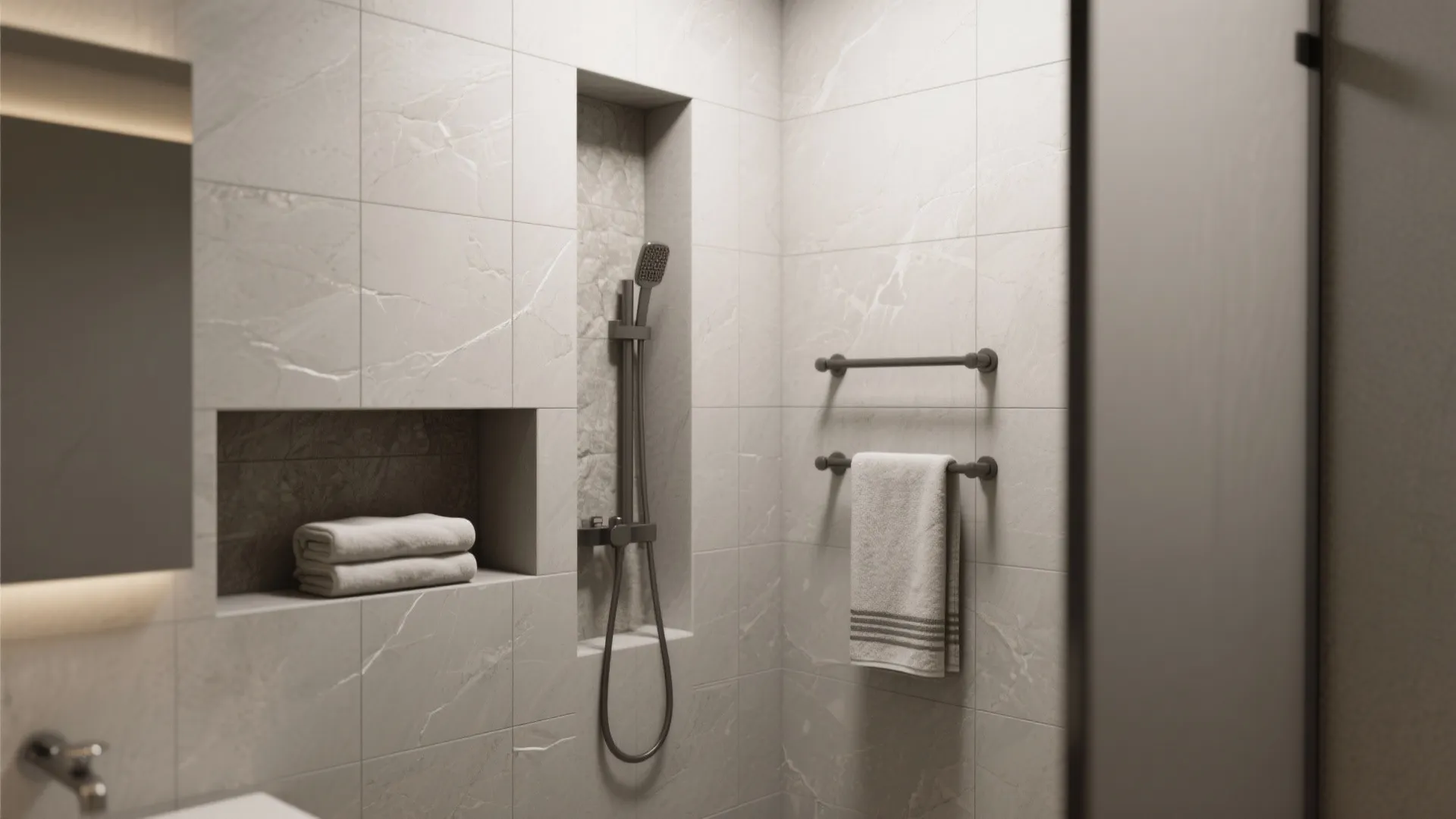 Shower wall with extended recessed niche and vertical recess with towel bars for integrated storage.