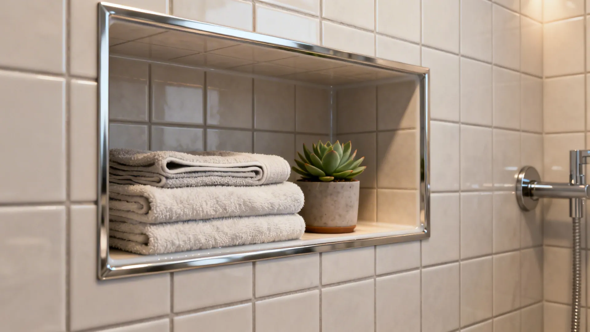 Built-in recessed niche holding folded towels and a small plant in a tiled bathroom wall.