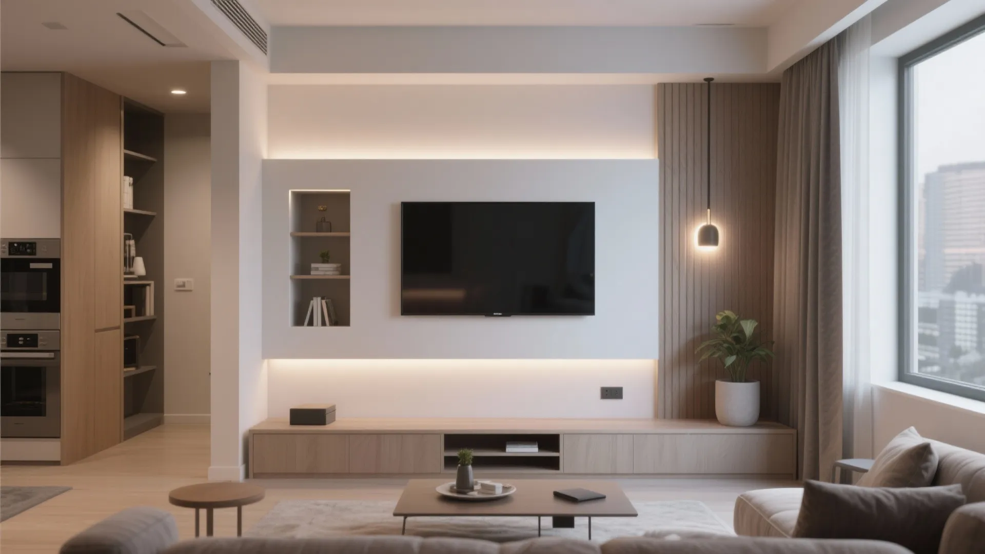 Recessed wall niche with integrated TV and LED lighting