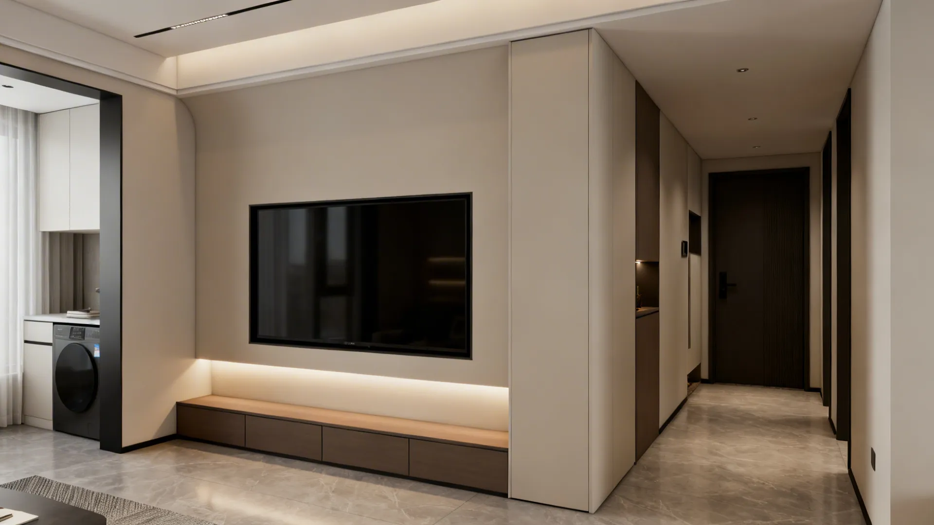 Recessed niche with a flush-mounted TV and narrow built-in storage below