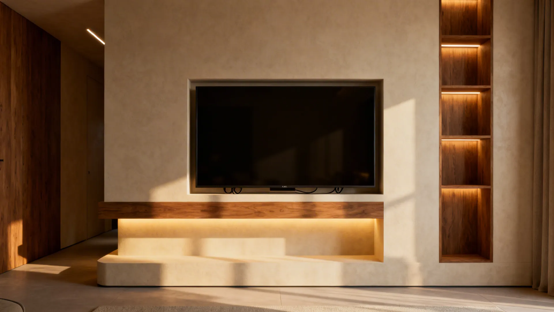 Minimalist living room wall with built in wooden shelves and a black flat screen television