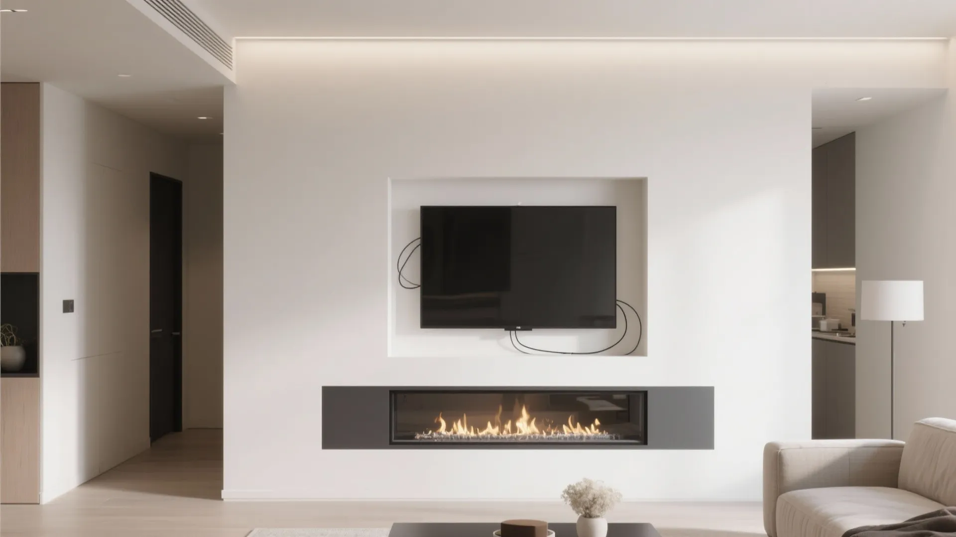 Modern white living room wall with a television mounted above a long linear electric fireplace