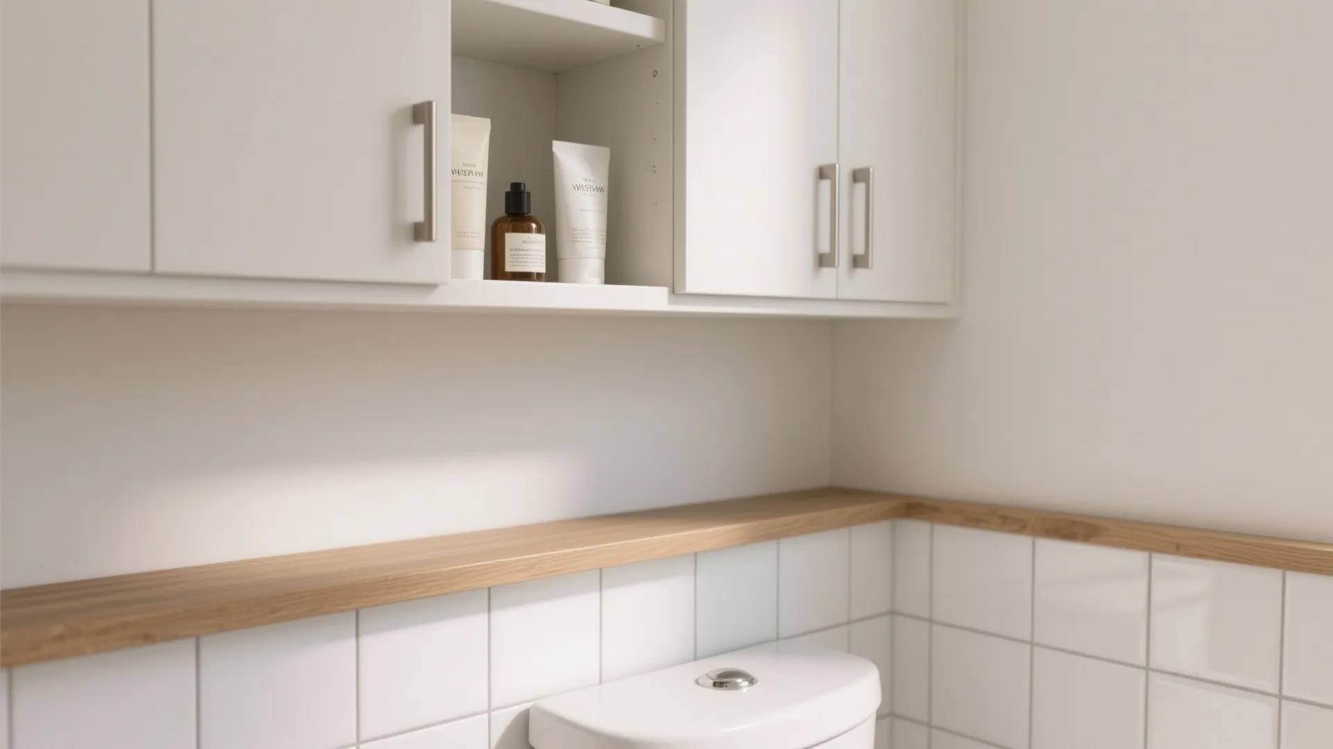 Close up of bathroom storage cabinet above toilet with wooden shelf and white wall tiles design