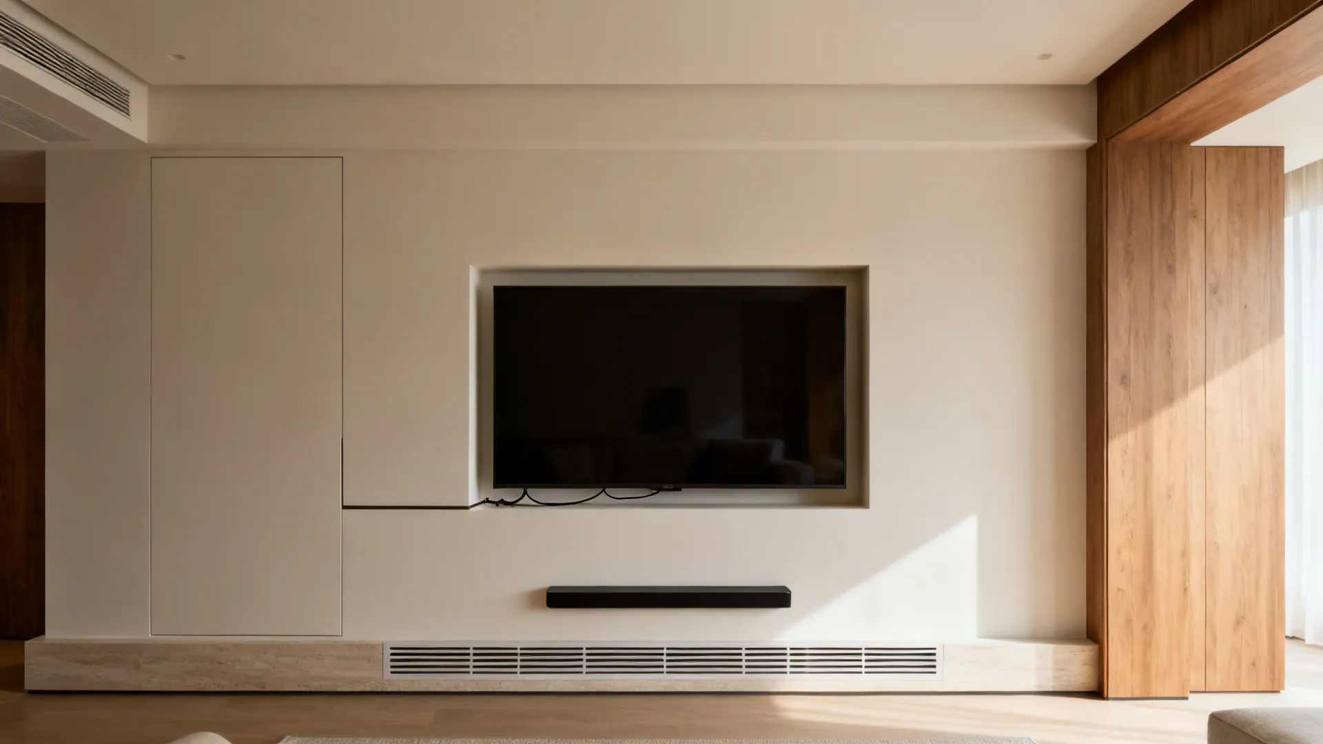 Recessed niche TV installation with a slim soundbar and hidden side access panel.