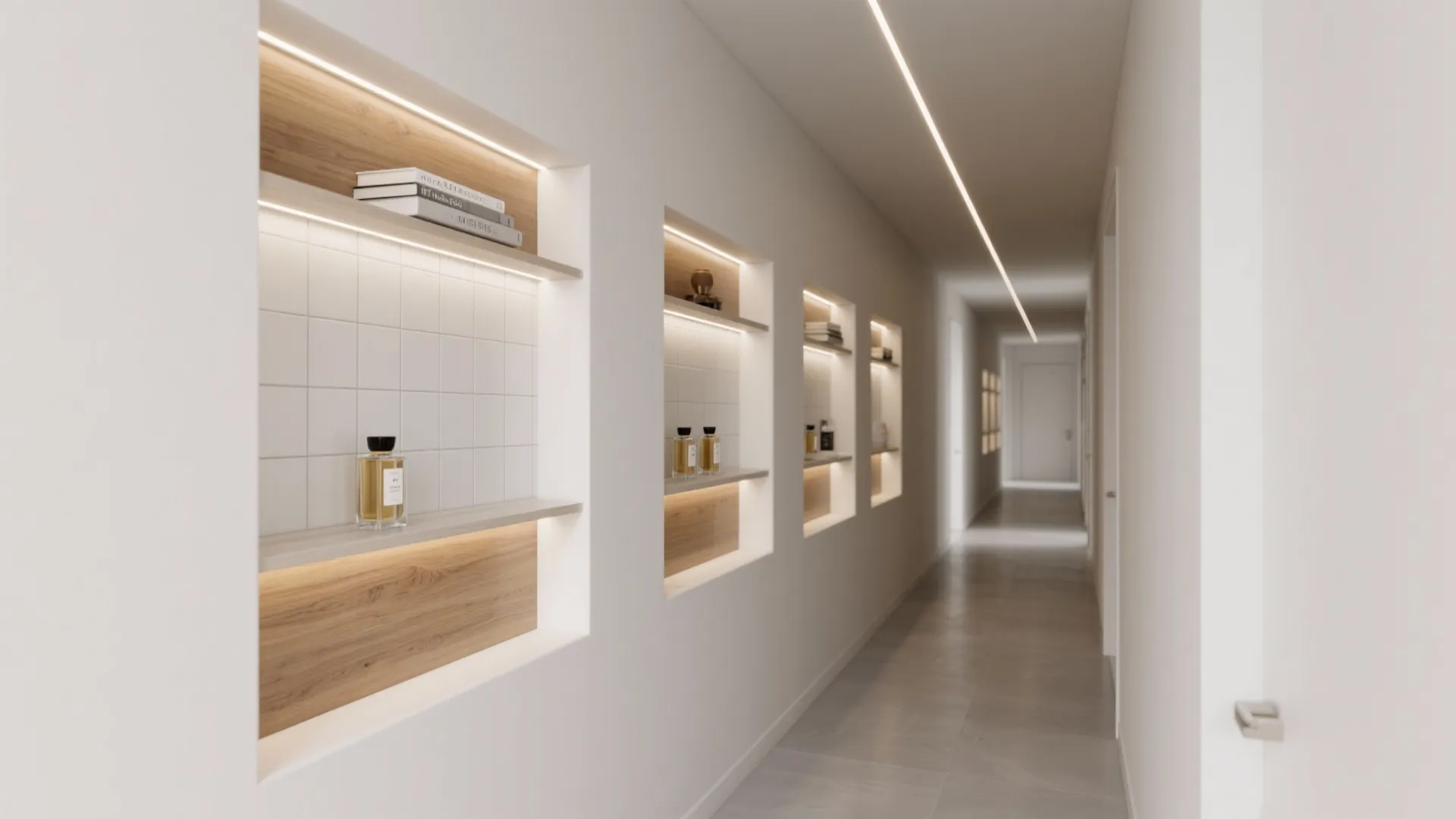 Narrow corridor with recessed wall niches, tiled backs and soft LED, adding zero-footprint storage to the shelf wall design.