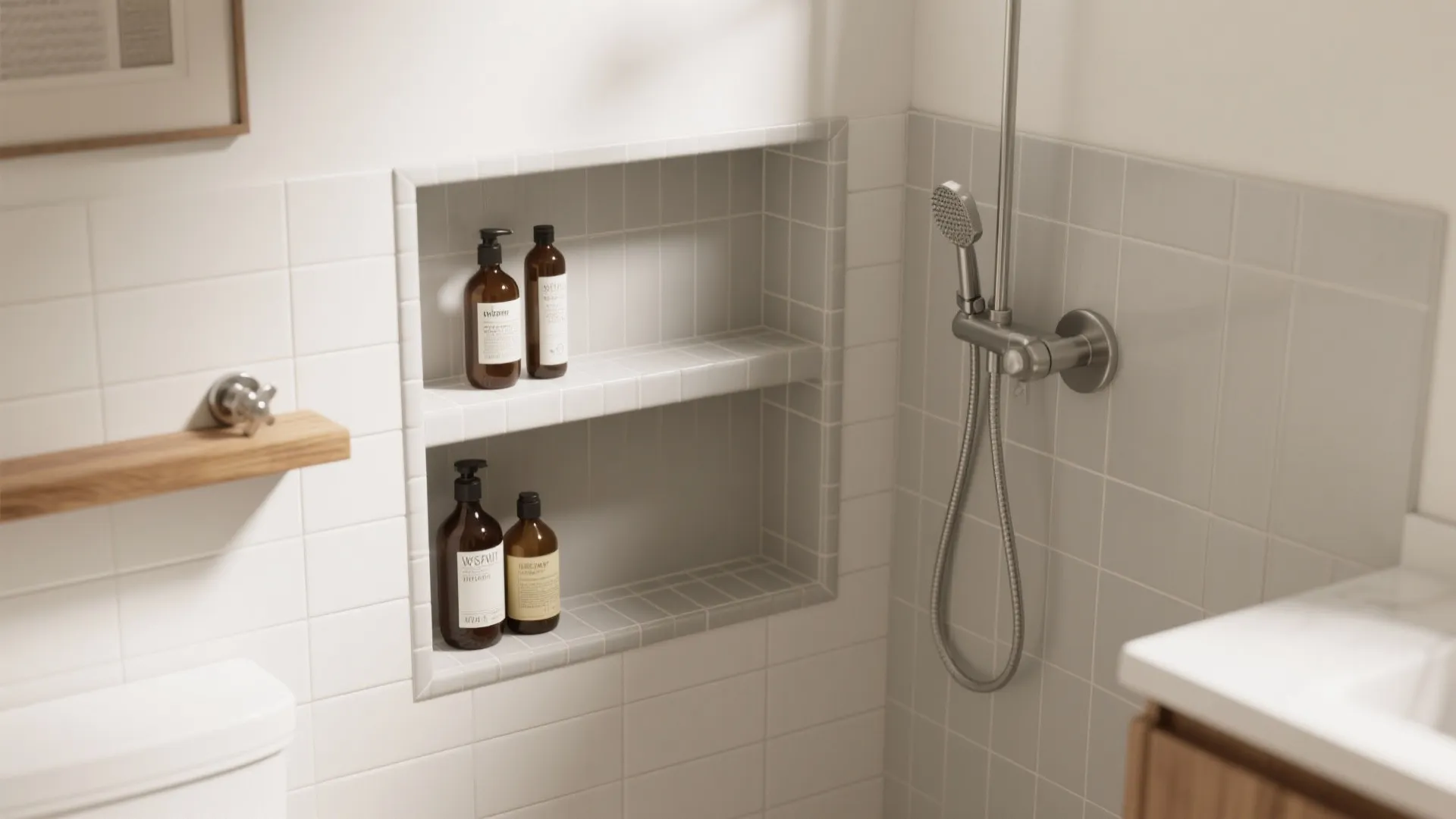 Modern white bathroom wall featuring built in shelving with brown soap bottles and shower head