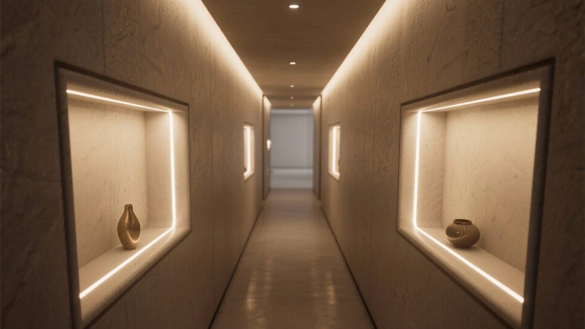 Corridor with three recessed niches illuminated by warm LED strips