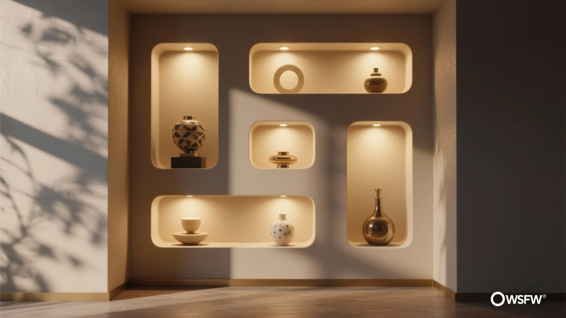 Wall with several lit recessed shelves displaying different vases and decorative items in warm light
