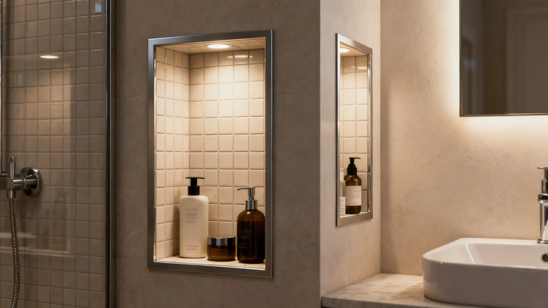 Tile-lined recessed shower niche and slim wall niche holding toiletries.