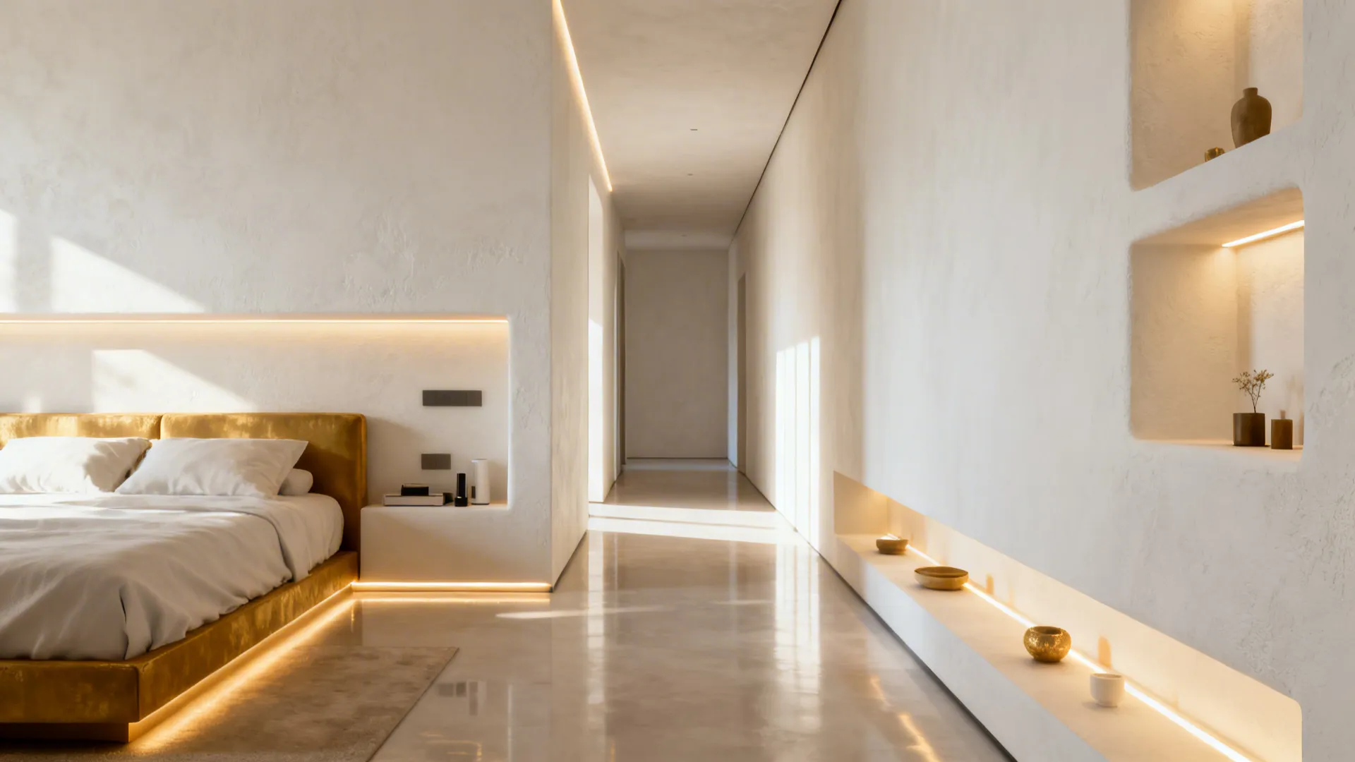 Shallow recessed niches beside a bed with integrated LED strips and bedside essentials.