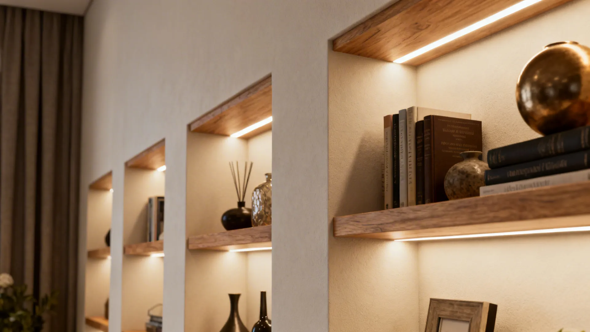 Close-up of recessed wall shelves with warm light strips holding books and small decorative items