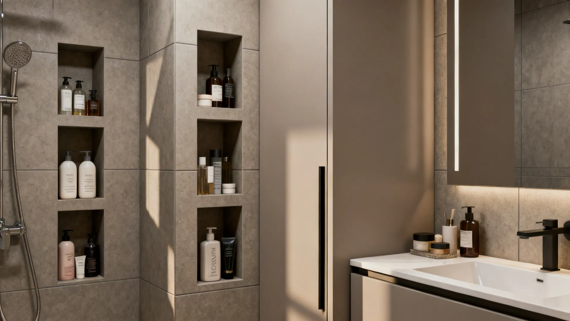 Vertical recessed niches and slim cabinets optimizing wall depth for storage in a small bathroom