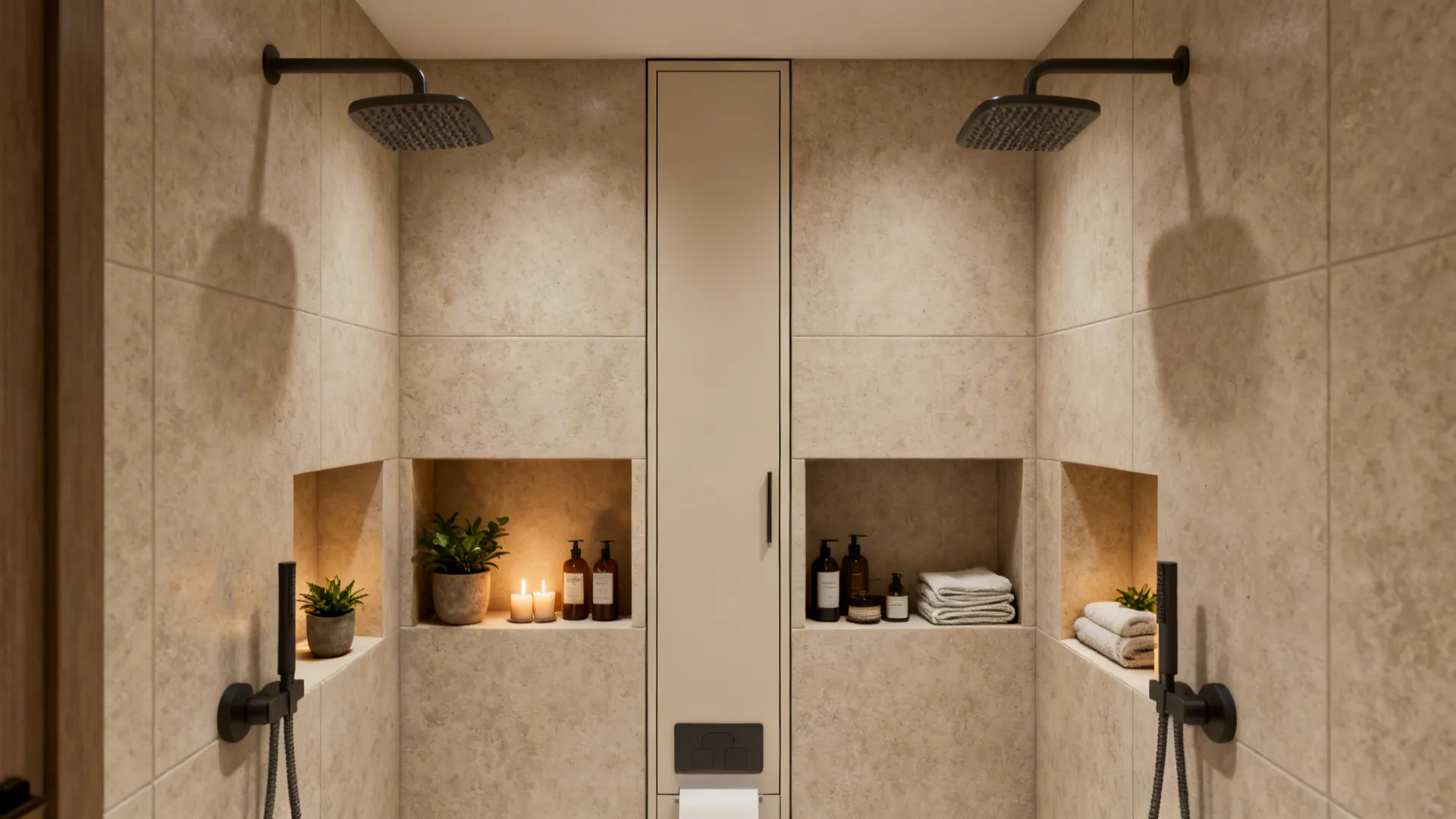 Recessed shower niches and tall slim storage cabinet in a small bathroom, styled with plants and candles.
