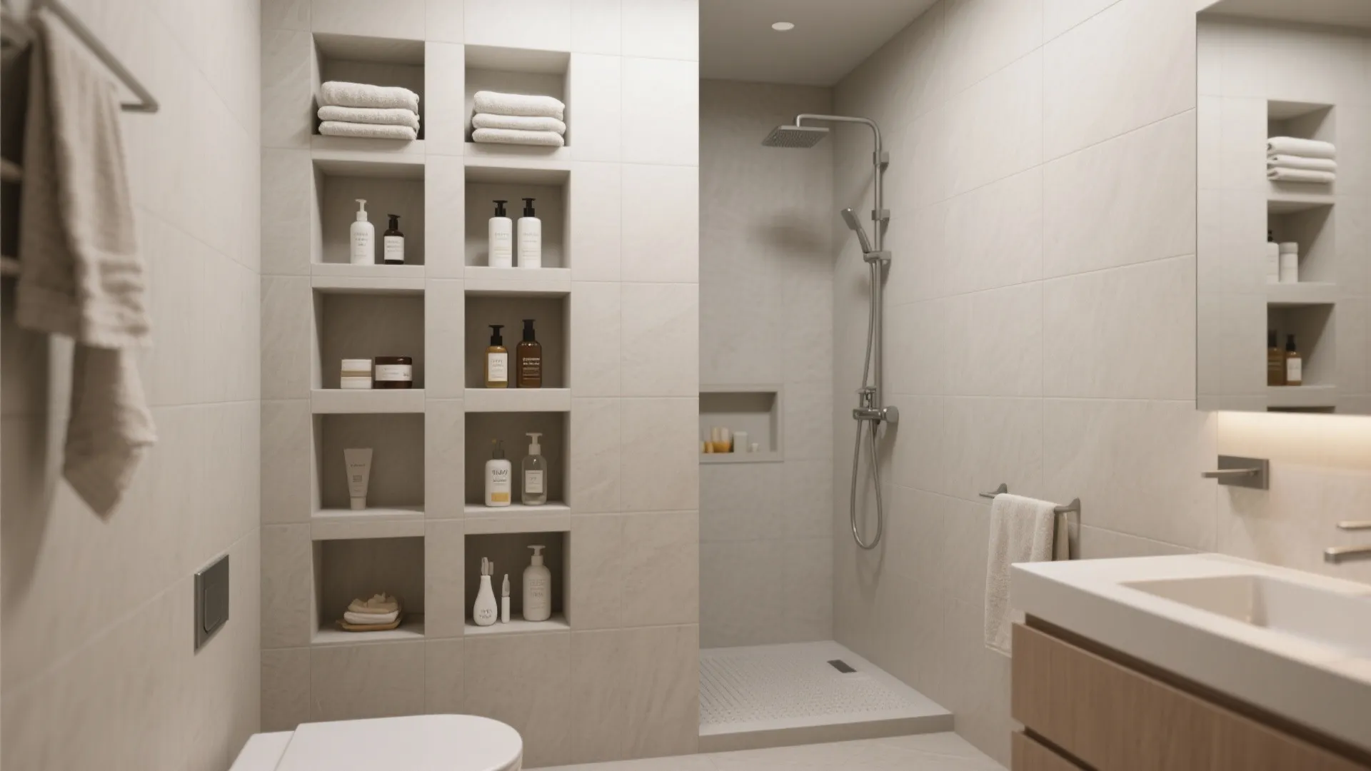Recessed niches and pocket storage walls