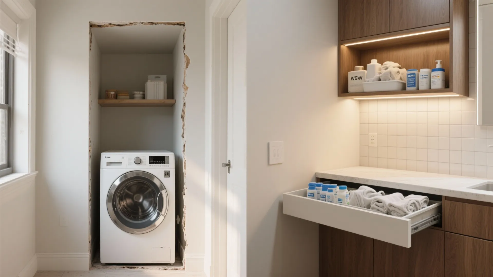 Before-and-after view of a recessed shelf niche with a slide-out tray for laundry pods next to a washer.