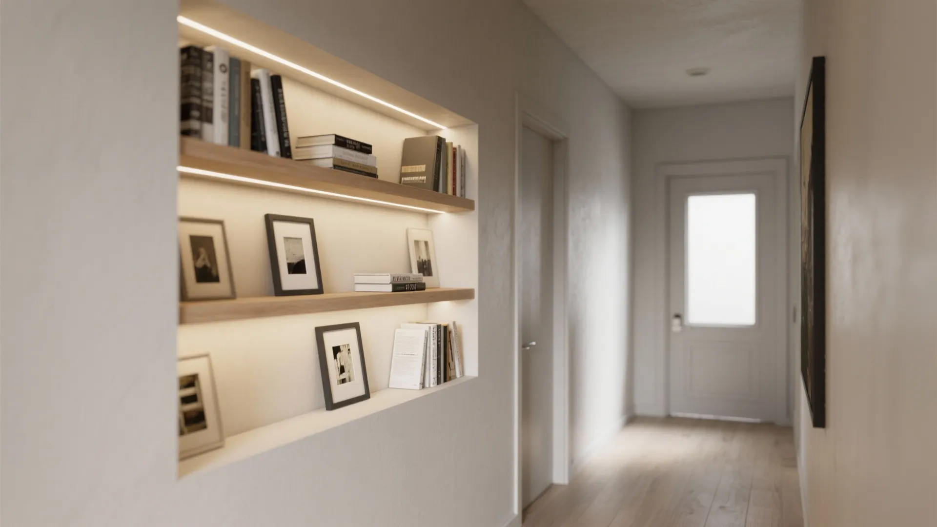Modern hallway with recessed wall shelf holding books and picture frames with built in lighting