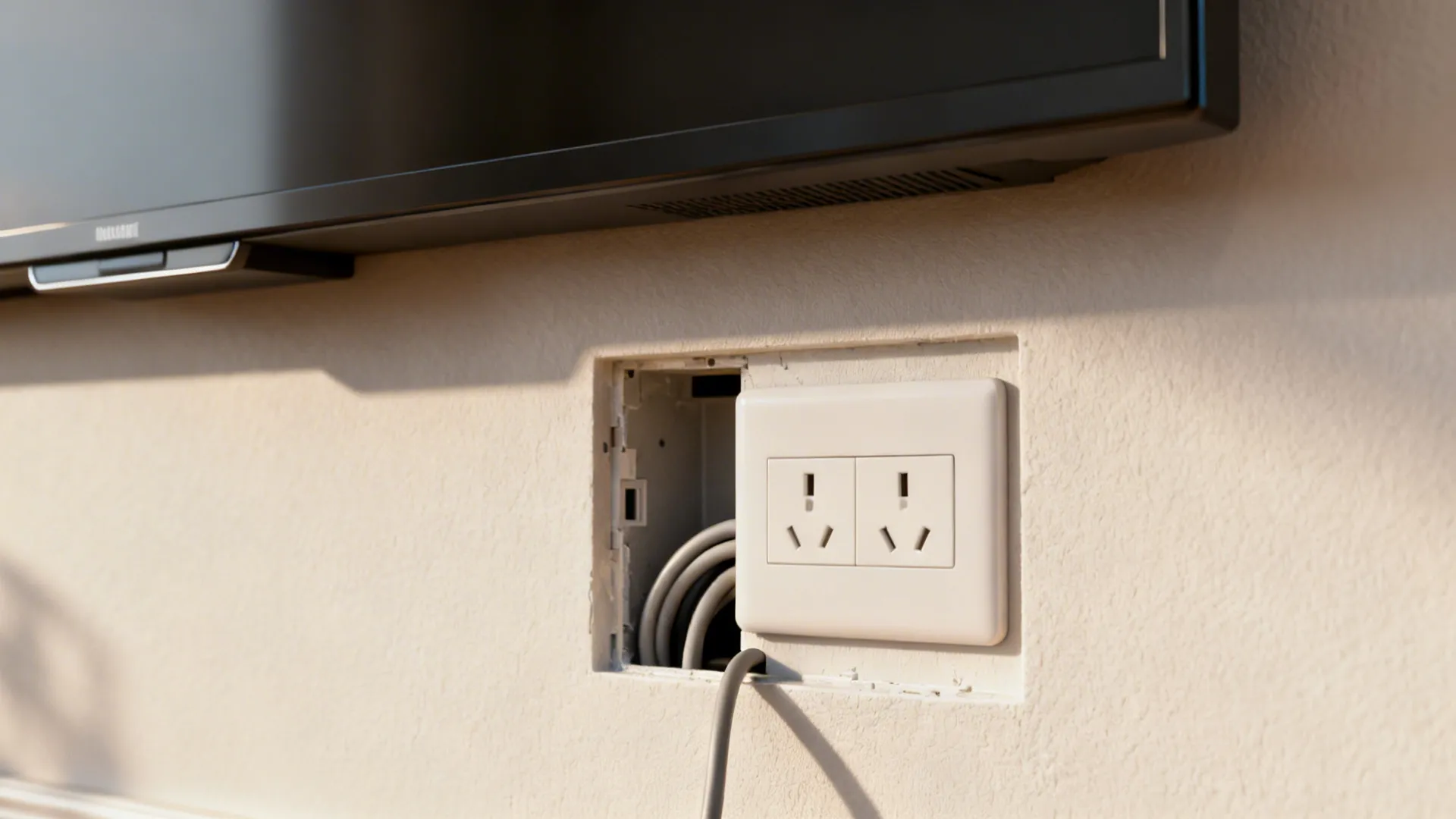 Close-up of a recessed power outlet used for an in-wall TV cord kit