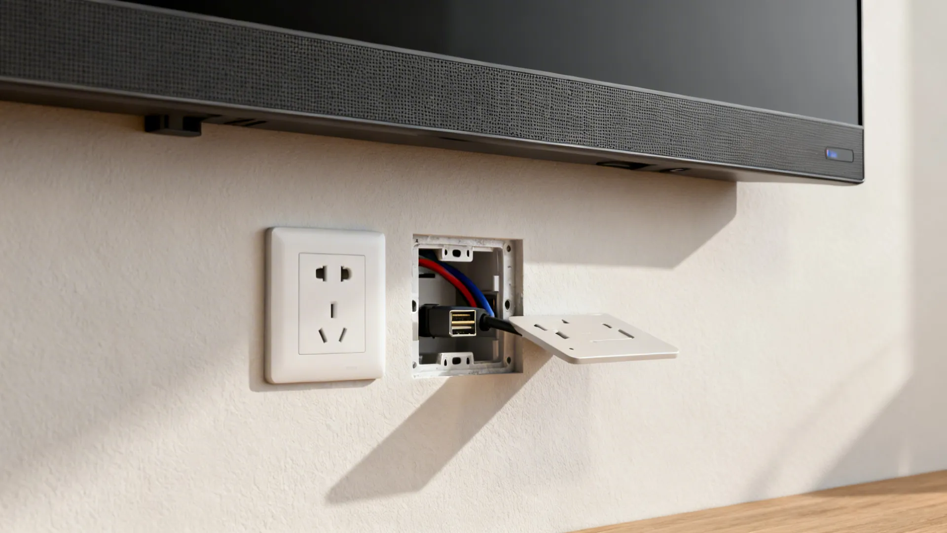 Close-up of a recessed power outlet and in-wall HDMI connector behind a mounted TV