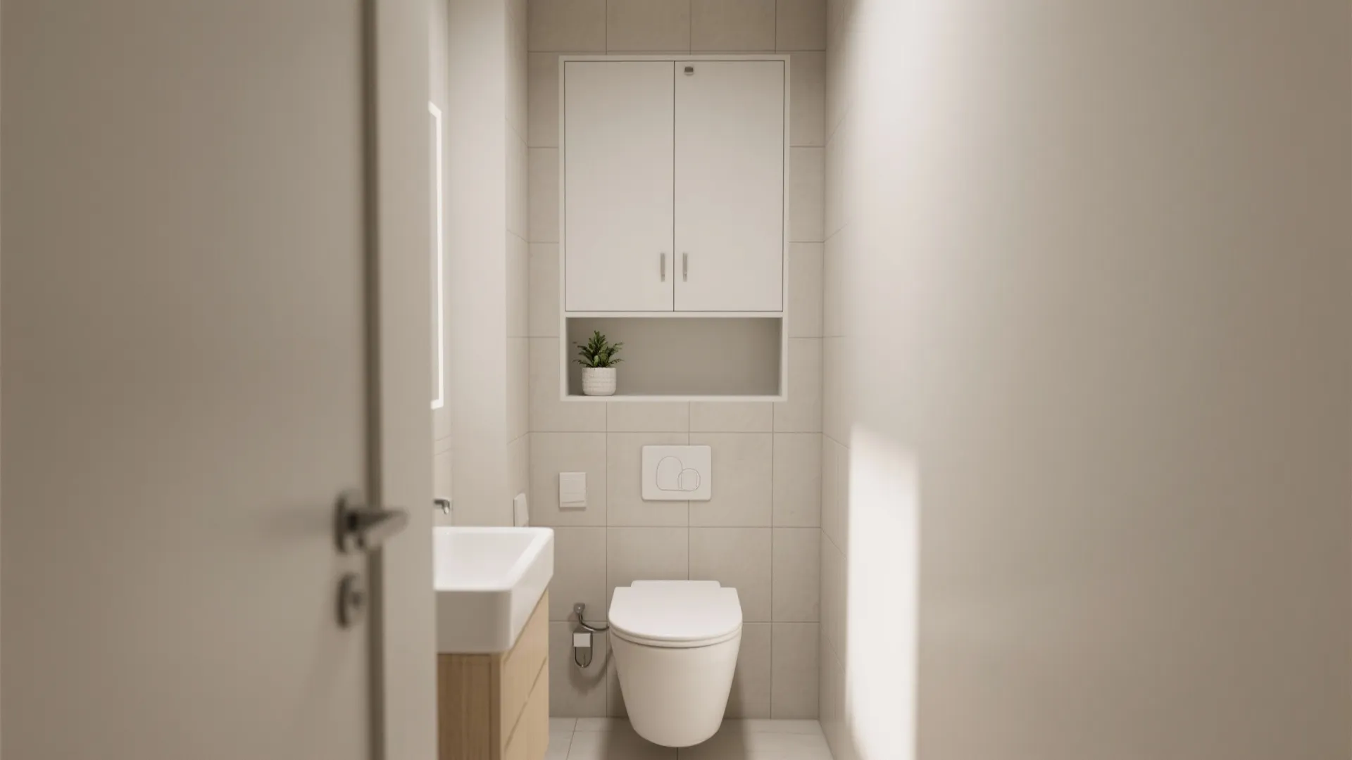 Shallow recessed cabinet over the toilet