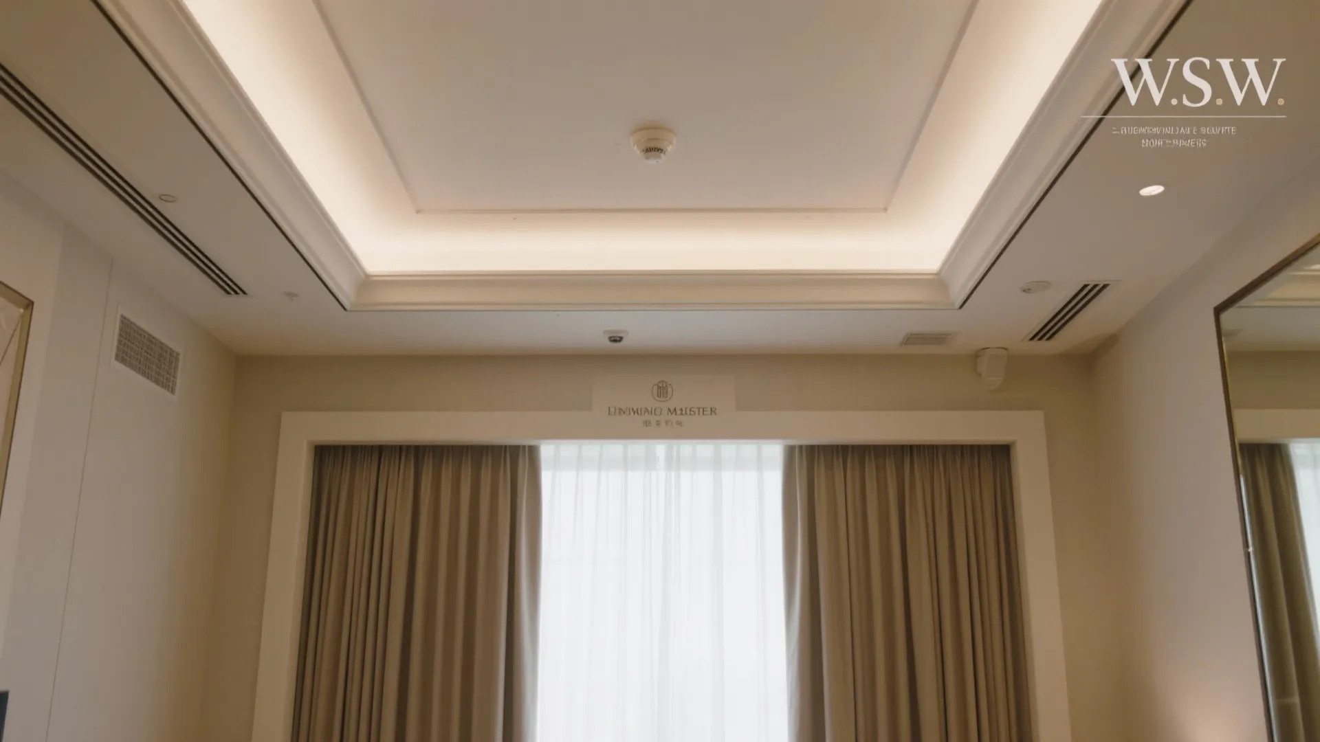 Modern interior design drawing showing recessed ceiling light fixtures and brown curtains with white sheers