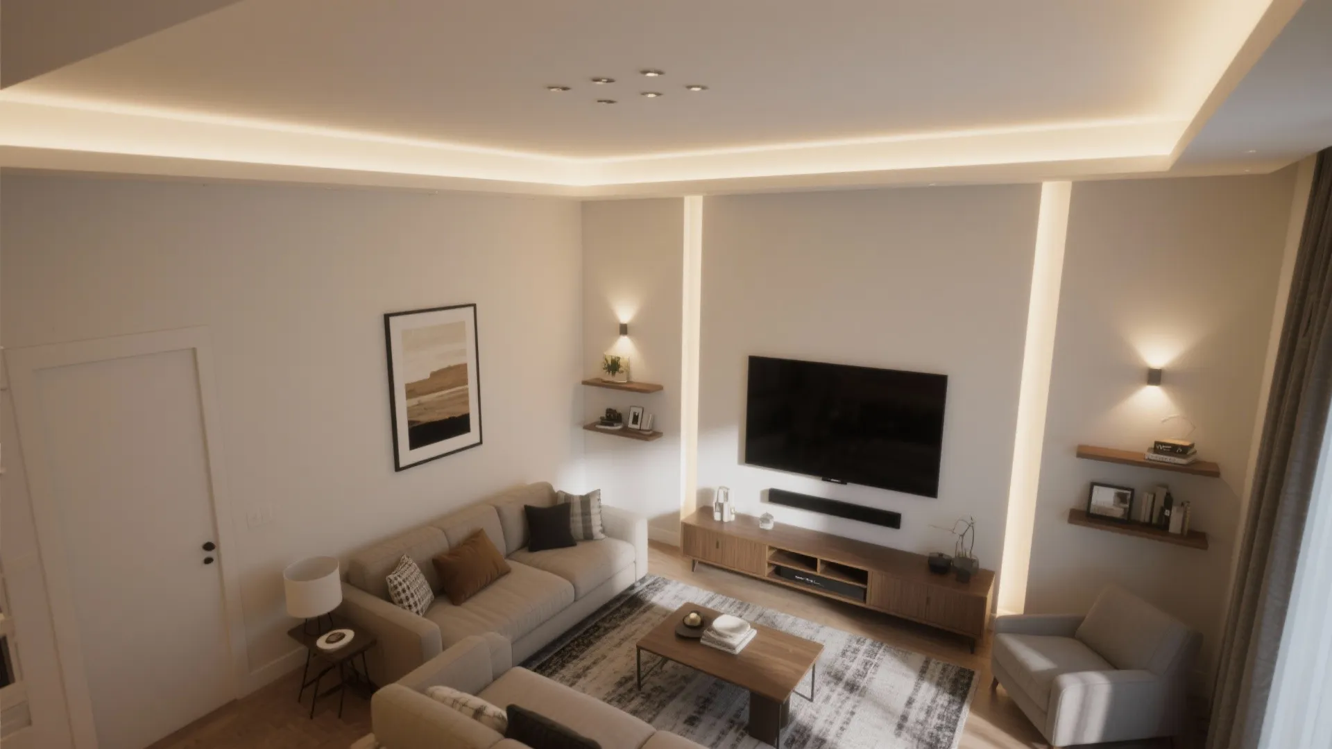 Modern living room with hidden ceiling lights wall light fixtures beige sofa and wood cabinet