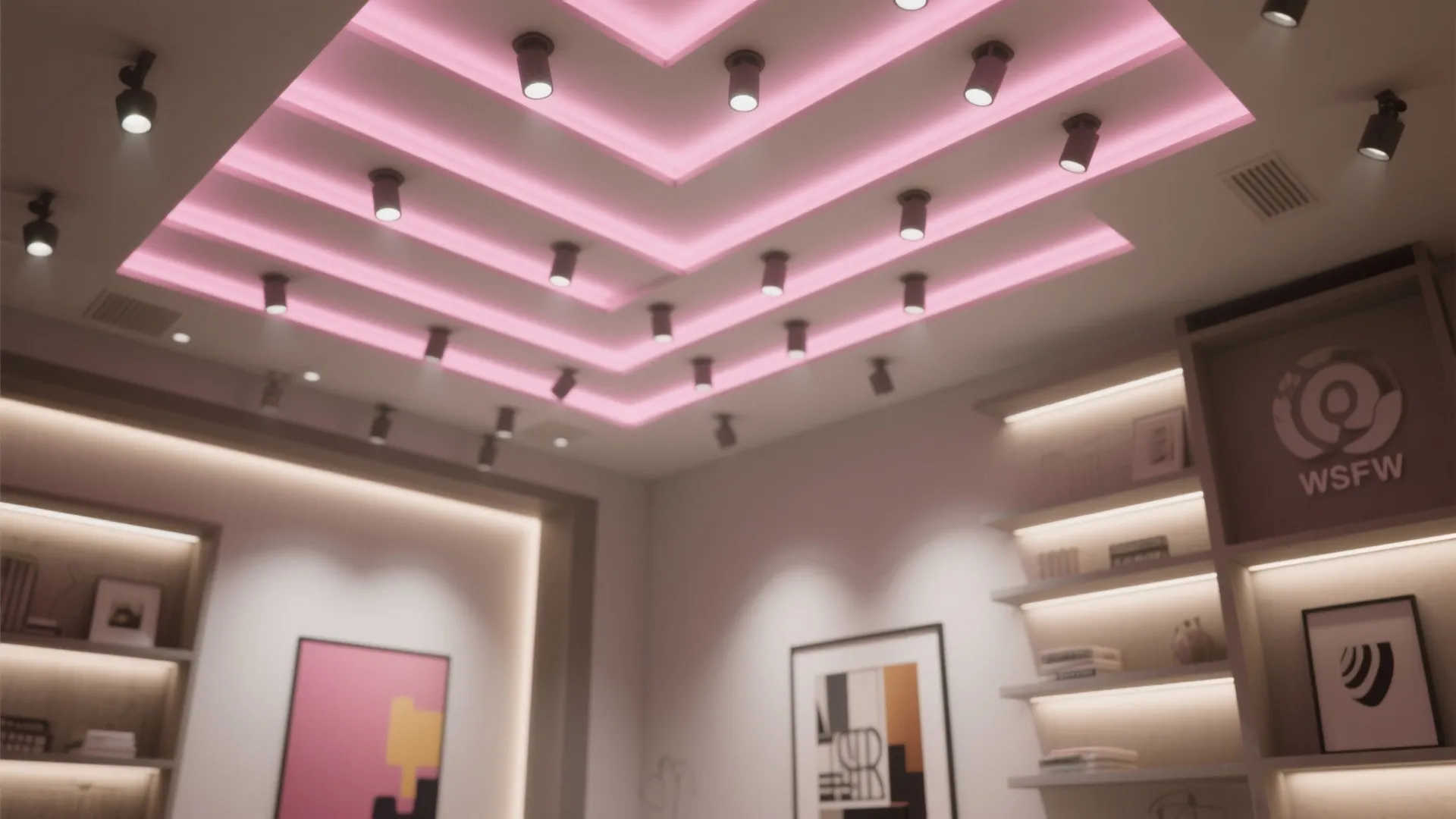 Ceiling with pink recessed spotlights highlighting artwork and shelves for layered accent lighting.