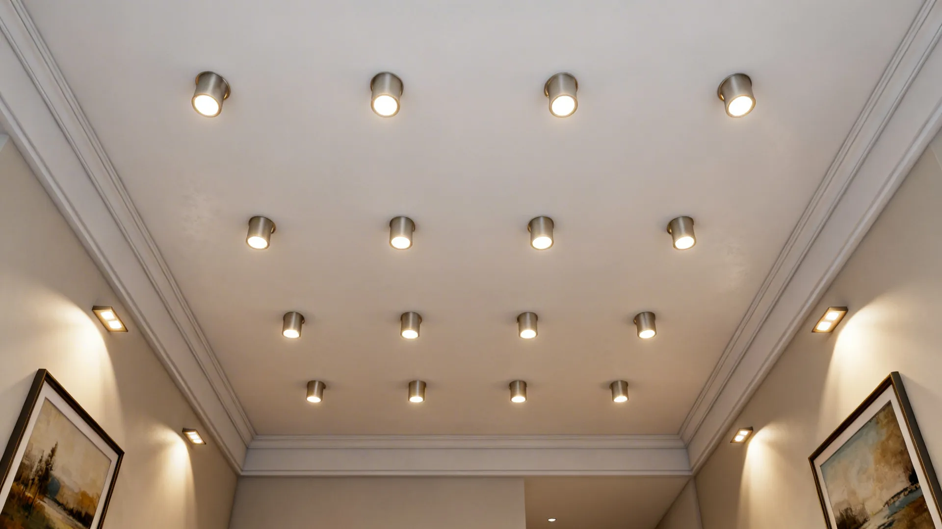 Top-down plan of recessed downlights with dimmable circuits and wall washers in a small living room