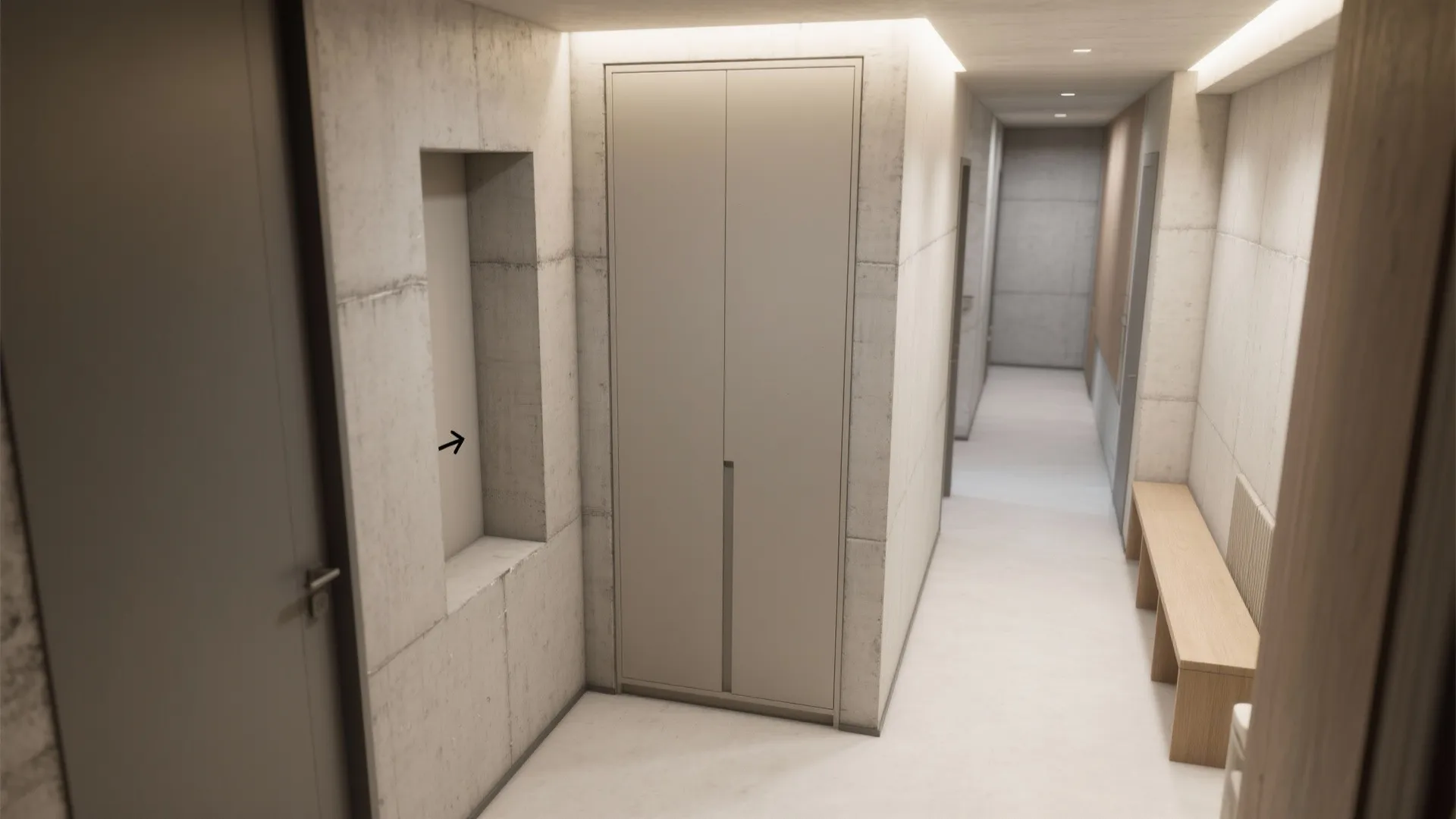 Modern concrete hallway with minimalist cabinet built into the wall and long wooden sitting bench
