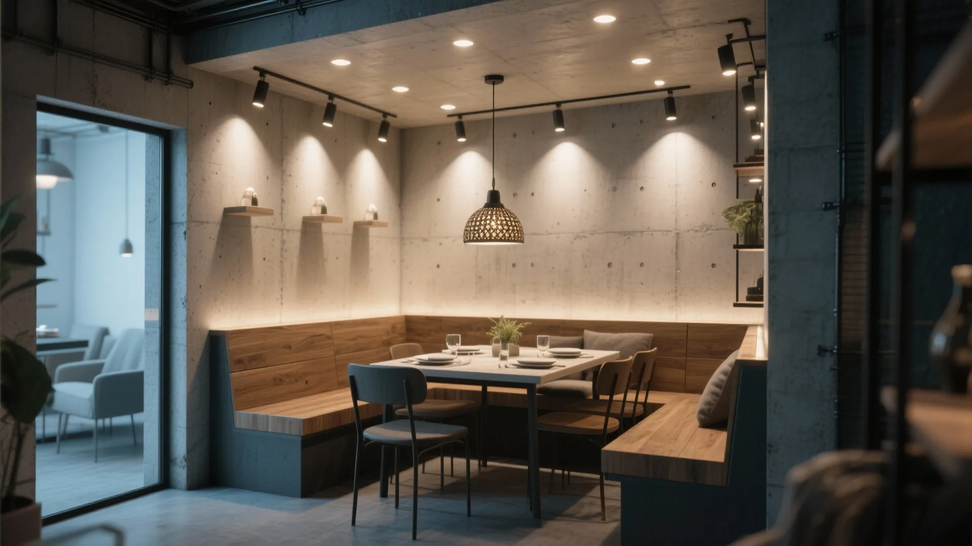 Dining area with wooden corner bench square table and multiple small recessed warm ceiling lights