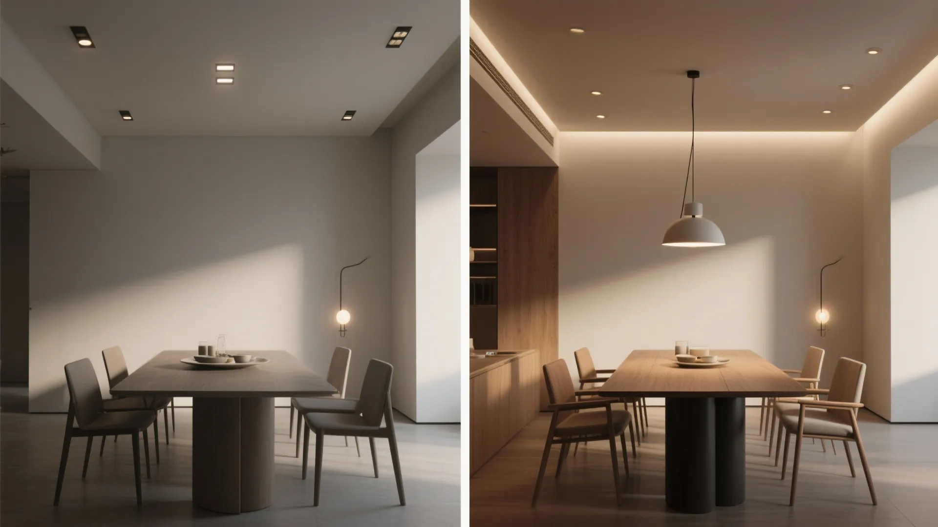 Comparison of recessed-only lighting versus recessed plus a feature pendant over a dining table, showing improved focal warmth.
